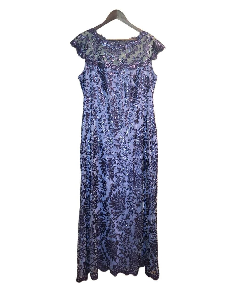 Tadashi Shoji Gown Women's 16 Purple Sequin Illusion Mesh Formal Long Column